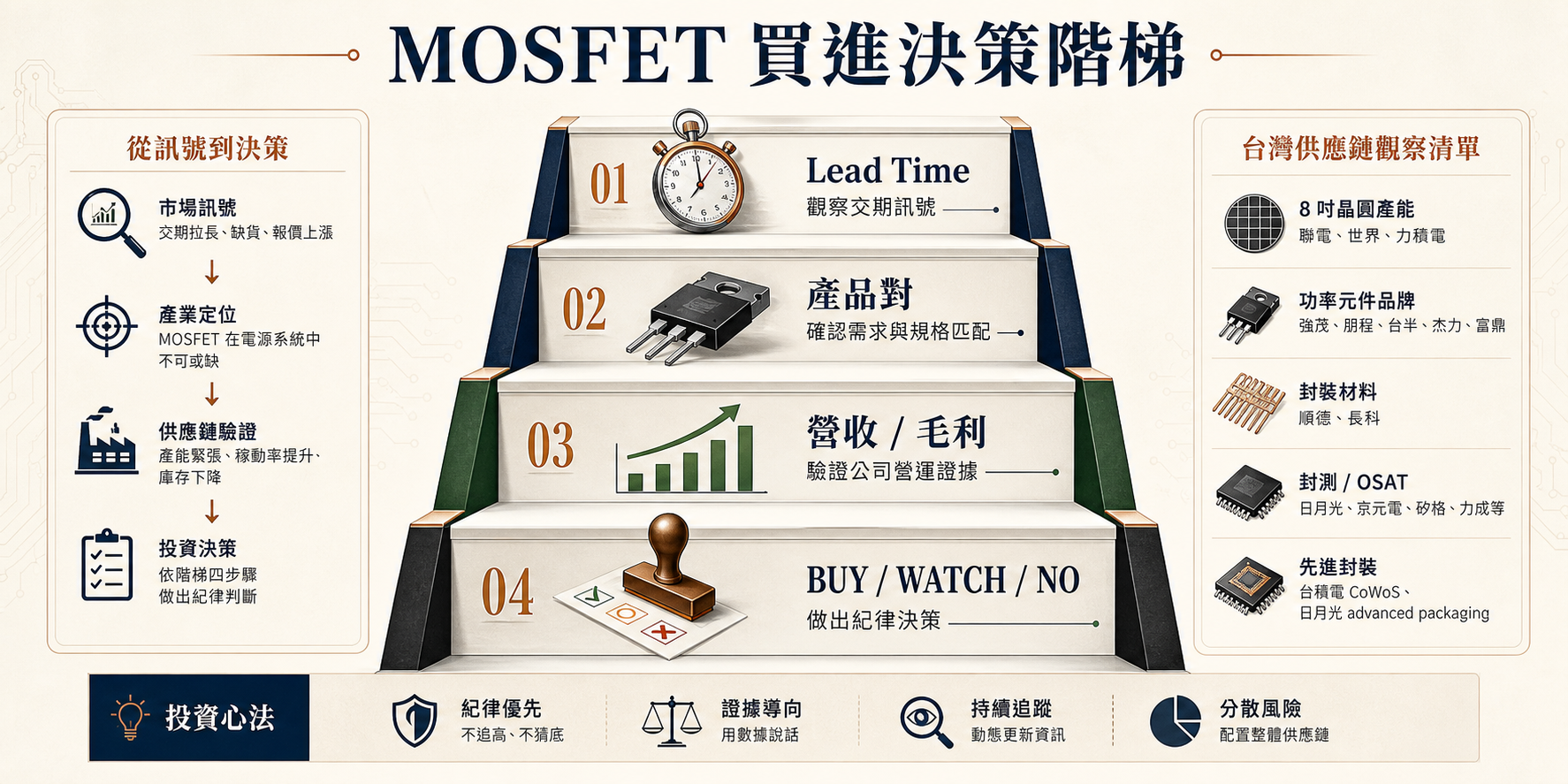 MOSFET 買進決策階梯視覺圖，從產業題材、產品對位、產能取得到財報驗證。