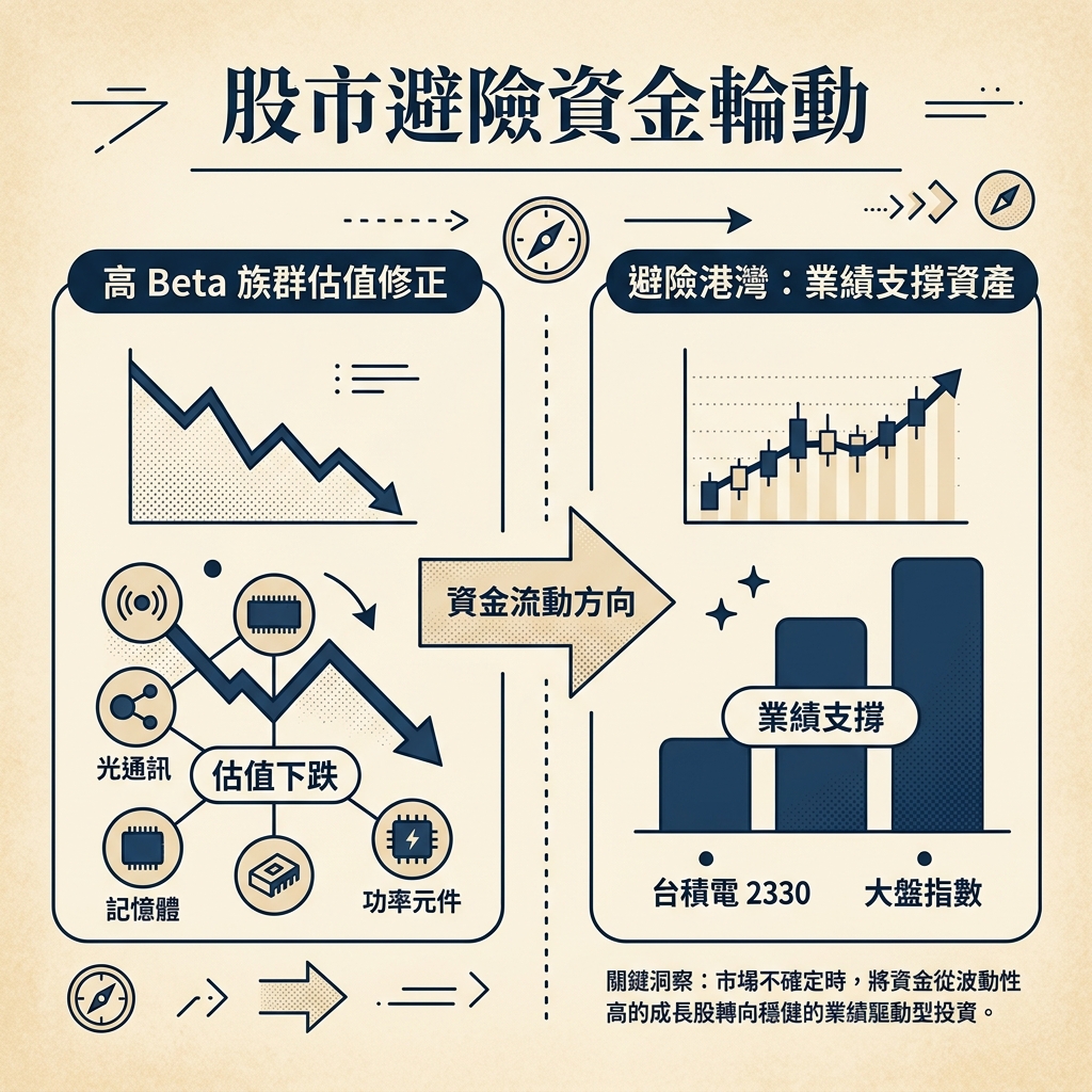股市避險資金輪動：高 Beta 估值修正轉向台積電與業績支撐資產