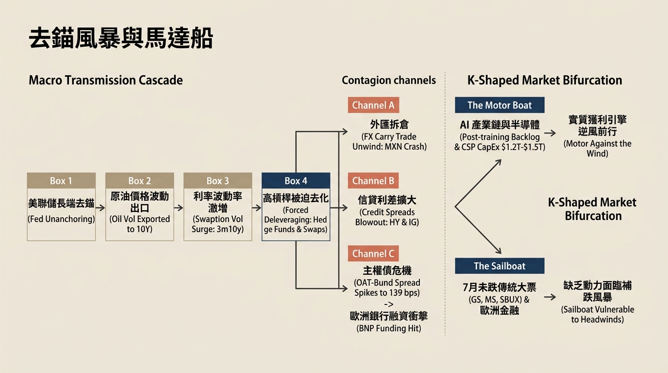 宏觀傳導瀑布與 K 型分化架構圖