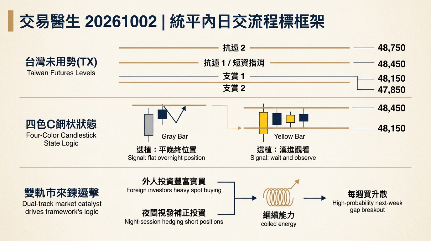 台指期開盤關卡、四色K棒狀態與籌碼對峙架構圖